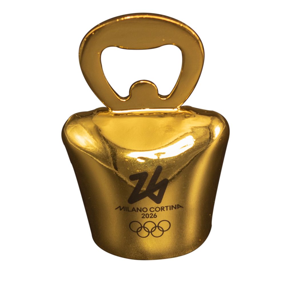APRIBOTTIGLIA MAGNETICO ORO A CAMPANA OLYMPIC EMBLEMA STAMPATO NERO
