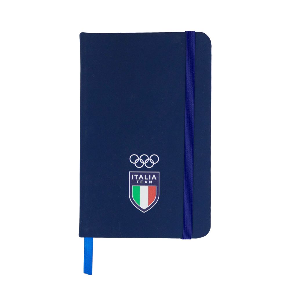 TACCUINO IN PU BLU 96 PAGINE A RIGHE F.TO A6 OLYMPIC+ITALIA TEAM EMBLEMA