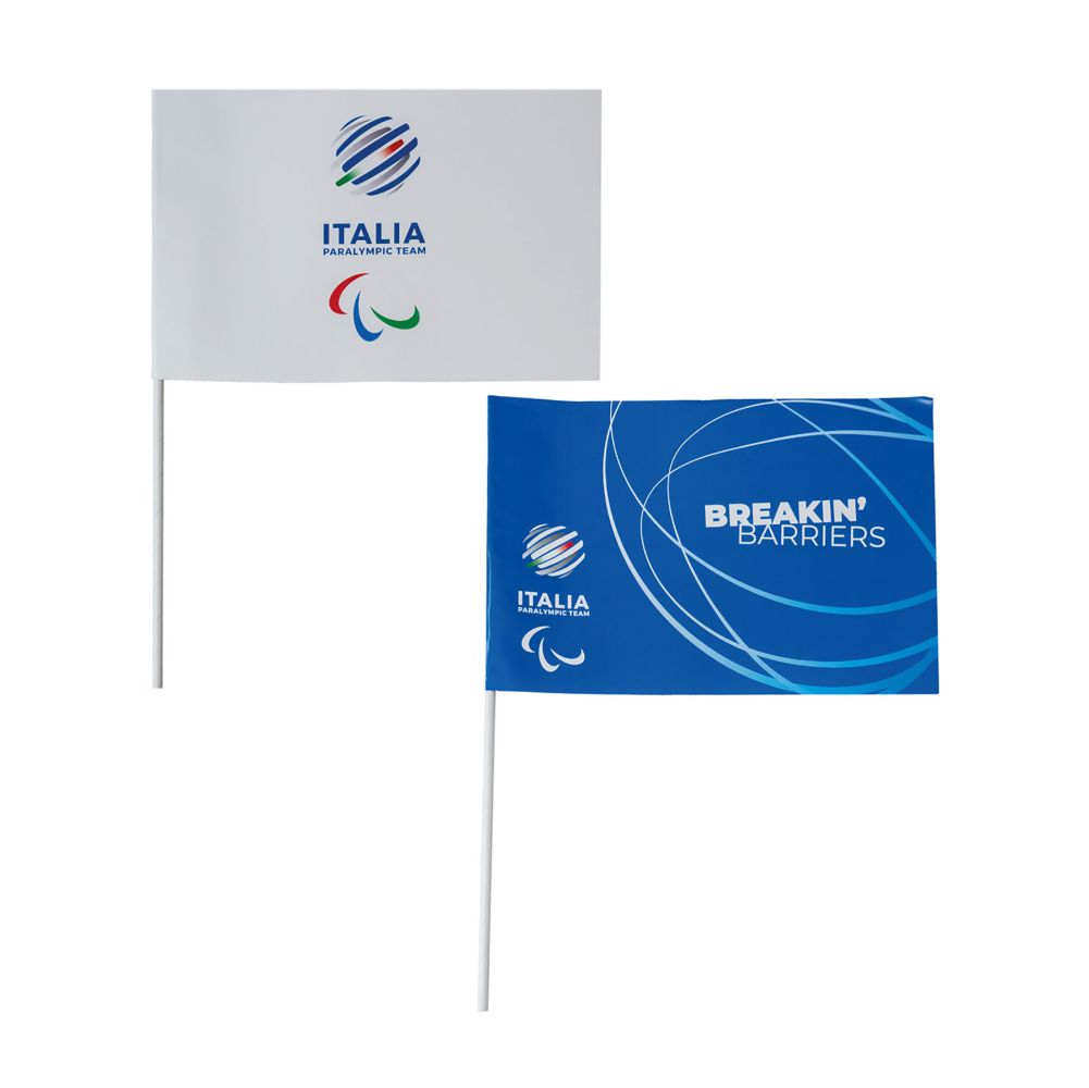 KIT 2 BANDIERINE IN CARTA 30X20CM 1 FONDO BIANCO E 1 FONDO BLU CON LOGHI