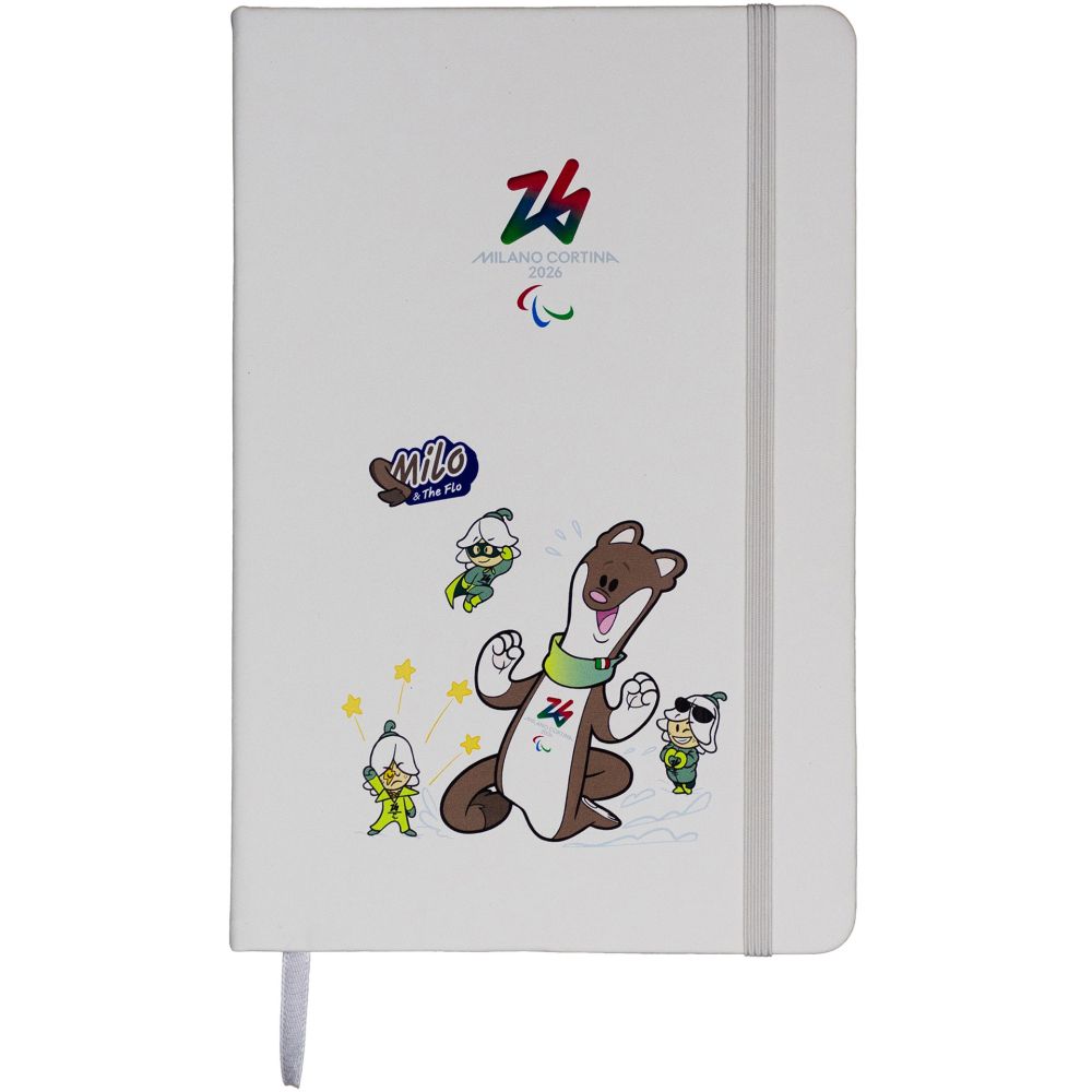 TACCUINO IN PU F.TO A5, 96 PAG. A RIGHE MASCOT MILO E THE FLOW FONDO BIA