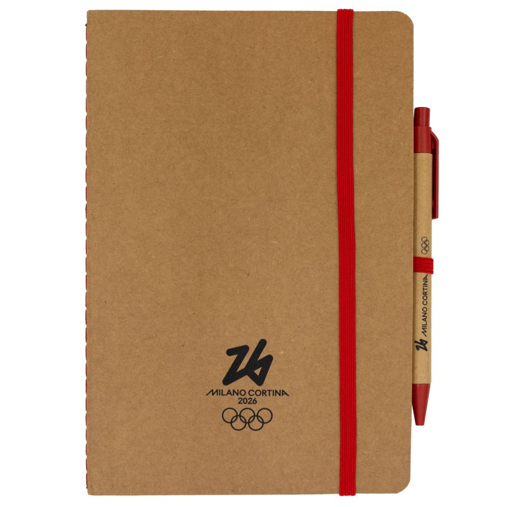 TACCUINO E PENNA IN CARTONE RICICLATO F.TO A5, PARTICOLARI ROSSI