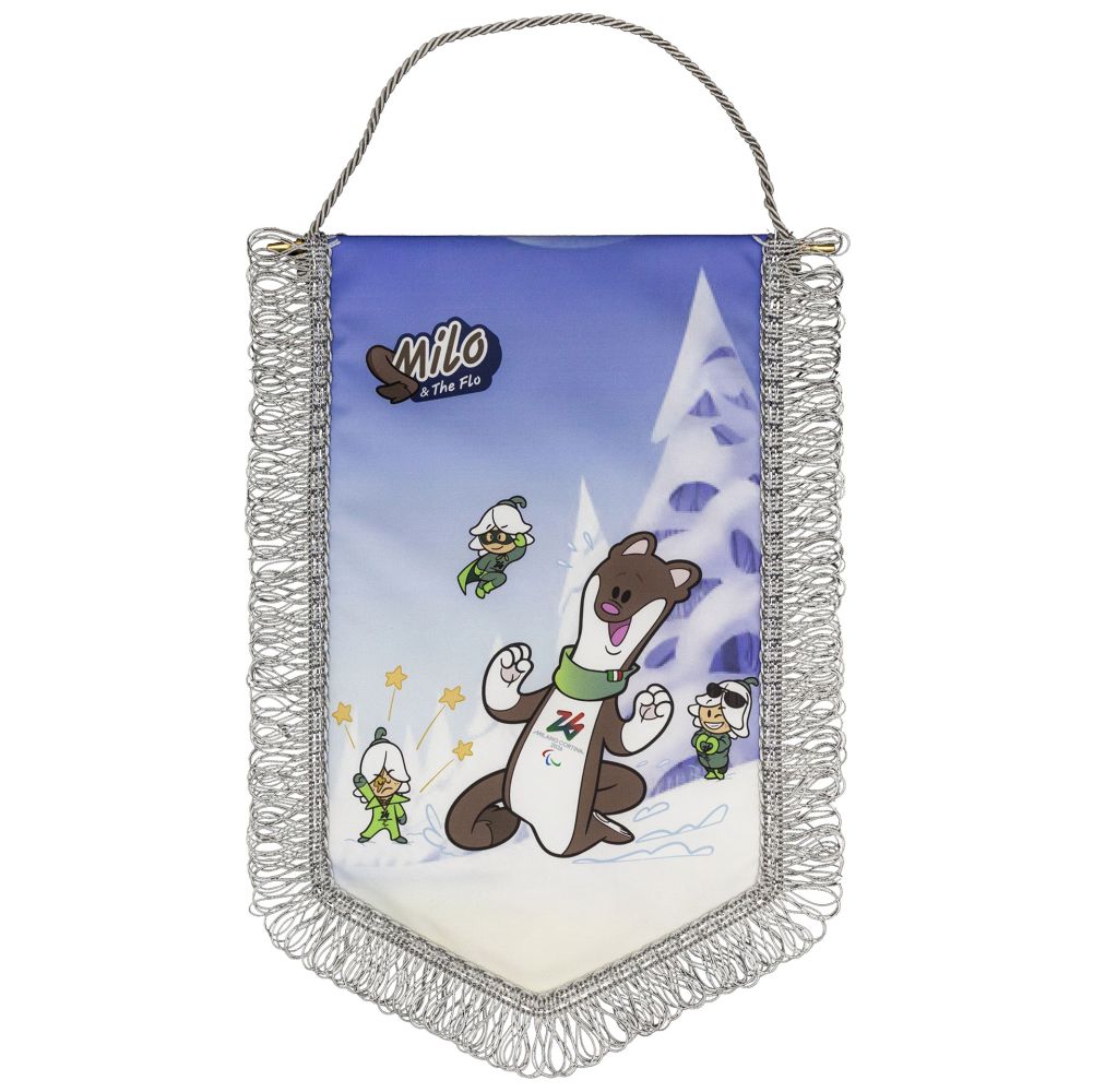 GAGLIARDETTO PENTAGONALE MIS. 20X28 FRANGIA ARGENTO FONDO MONTAGNA CON M