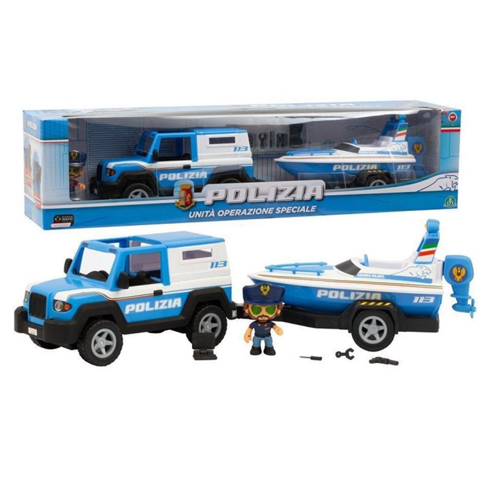 JEEP E MOTOSCAFO CON PERSONAGGIO POLIZIA