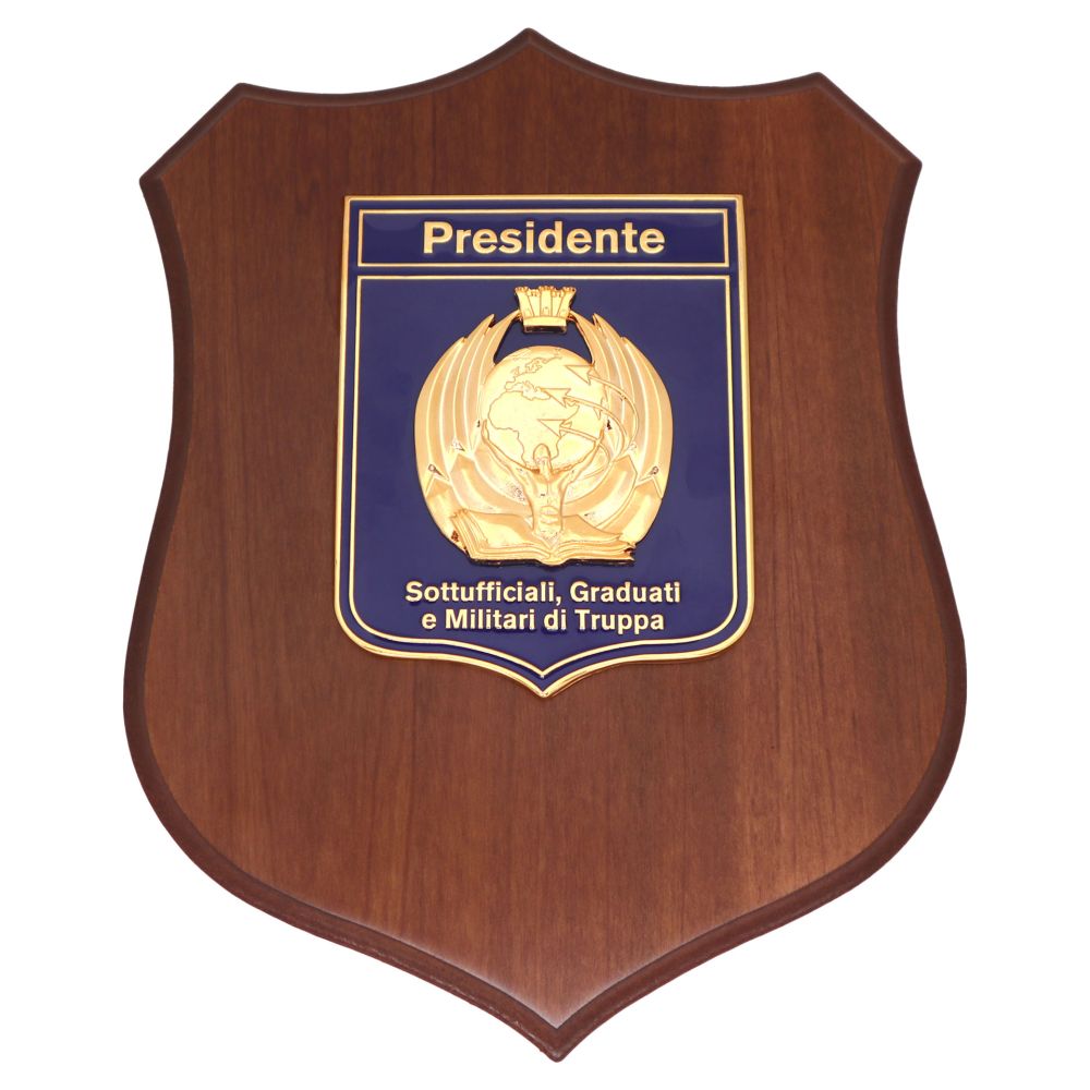 CREST IN METALLO SMALTATO SU BASE IN LEGNO 22,5X17,5CM MIL.DI TRUPPA
