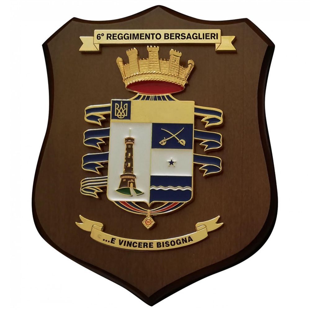 CREST IN METALLO SMALTATO BASE LEGNO 22,5X17,5 CM 6° RGT BERSAGLIERI