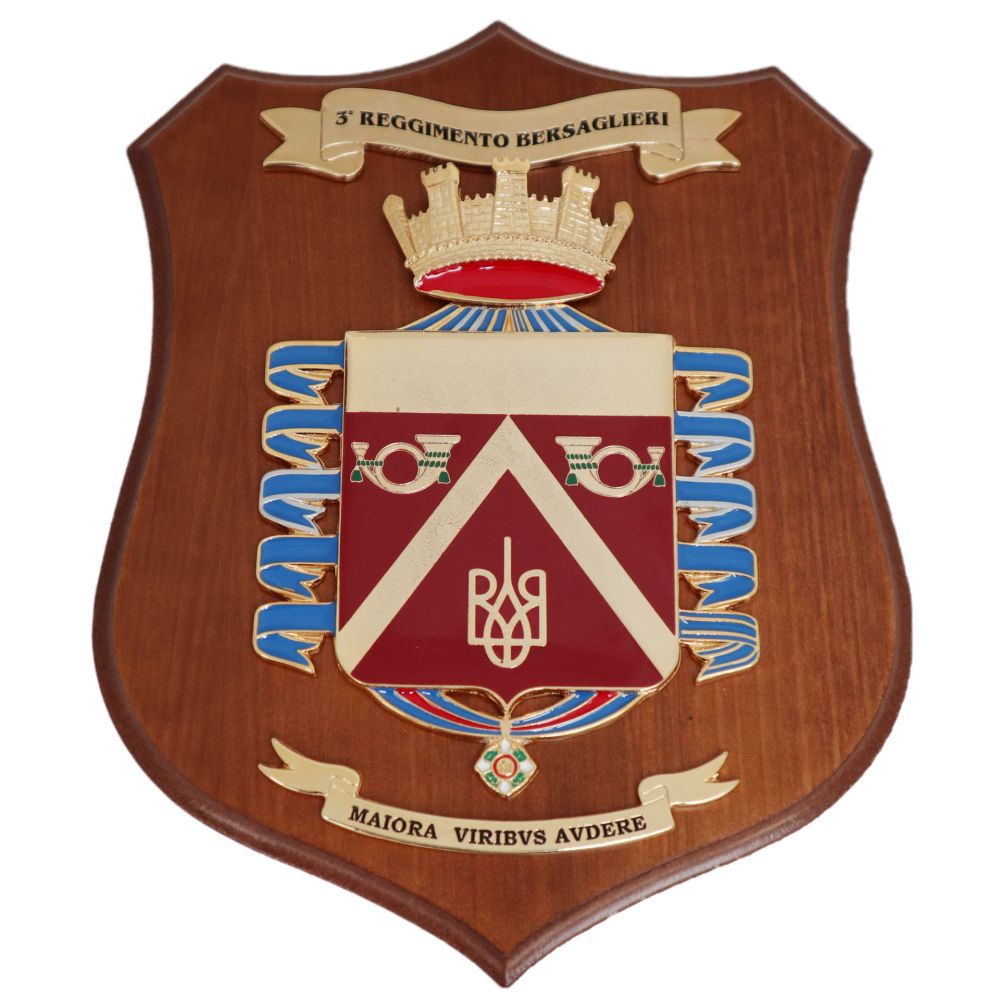 CREST IN METALLO SMALTATO BASE LEGNO CL3 22X17 CM 3 RGT BERSAGLIERI