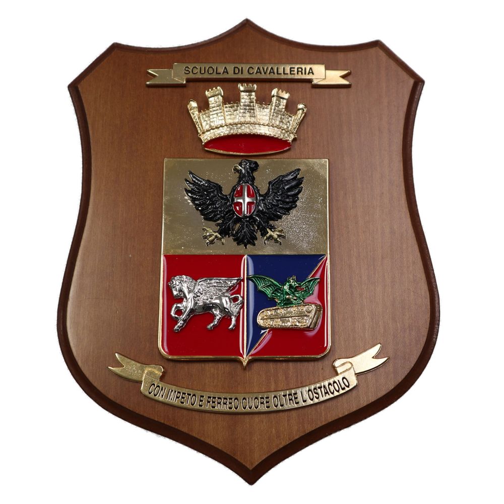 CREST IN METALLO SMALTATO BASE LEGNO CL3 22X17 CM SCUOLA CAVALLERIA