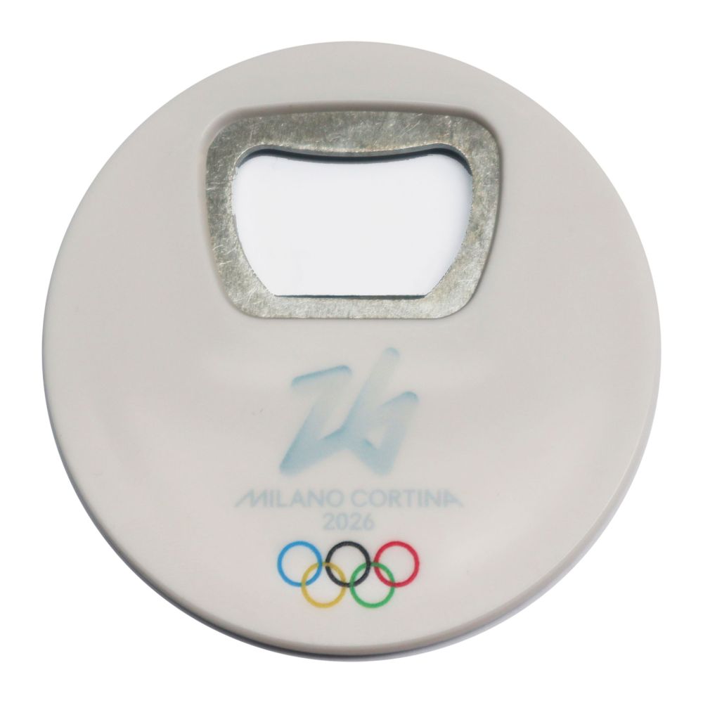 MAGNETE APRIBOTTIGLIE IN ABS DIA 67 MM OLYMPIC EMBLEMA SU FONDO BIANCO