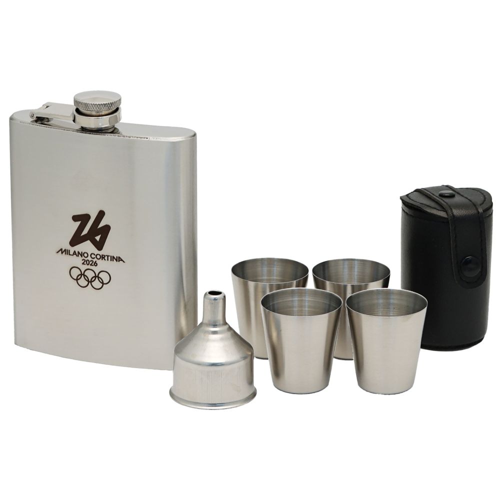 SET BORRACCETTA 220 ML E 4 BICCHIERINI ACCIAIO INOX OLYMPIC EMBLEMA LASE