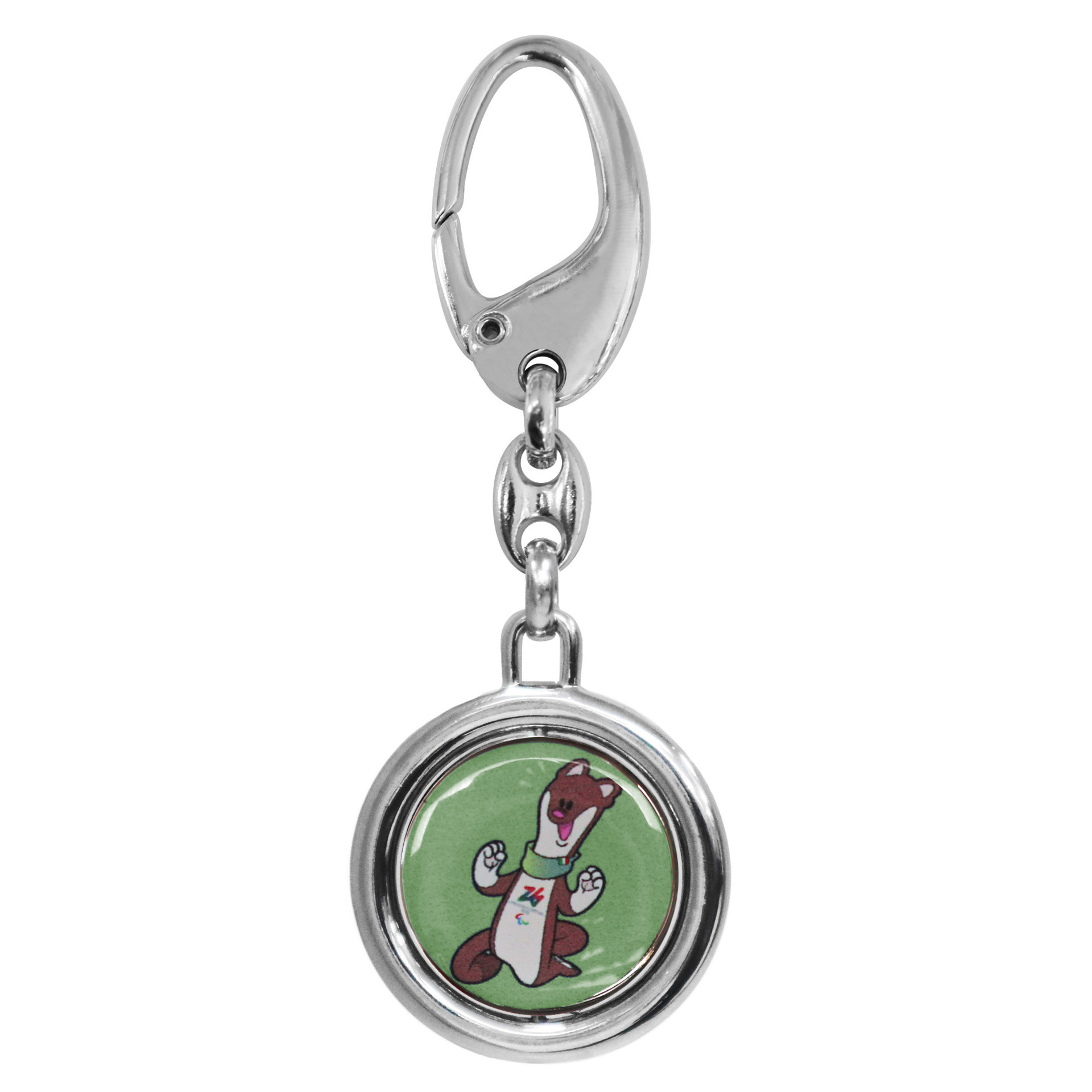PORTACHIAVI STAMP GIREVOLE PARALYMPIC MASCOT MILO COLORATO FONDO VERDE