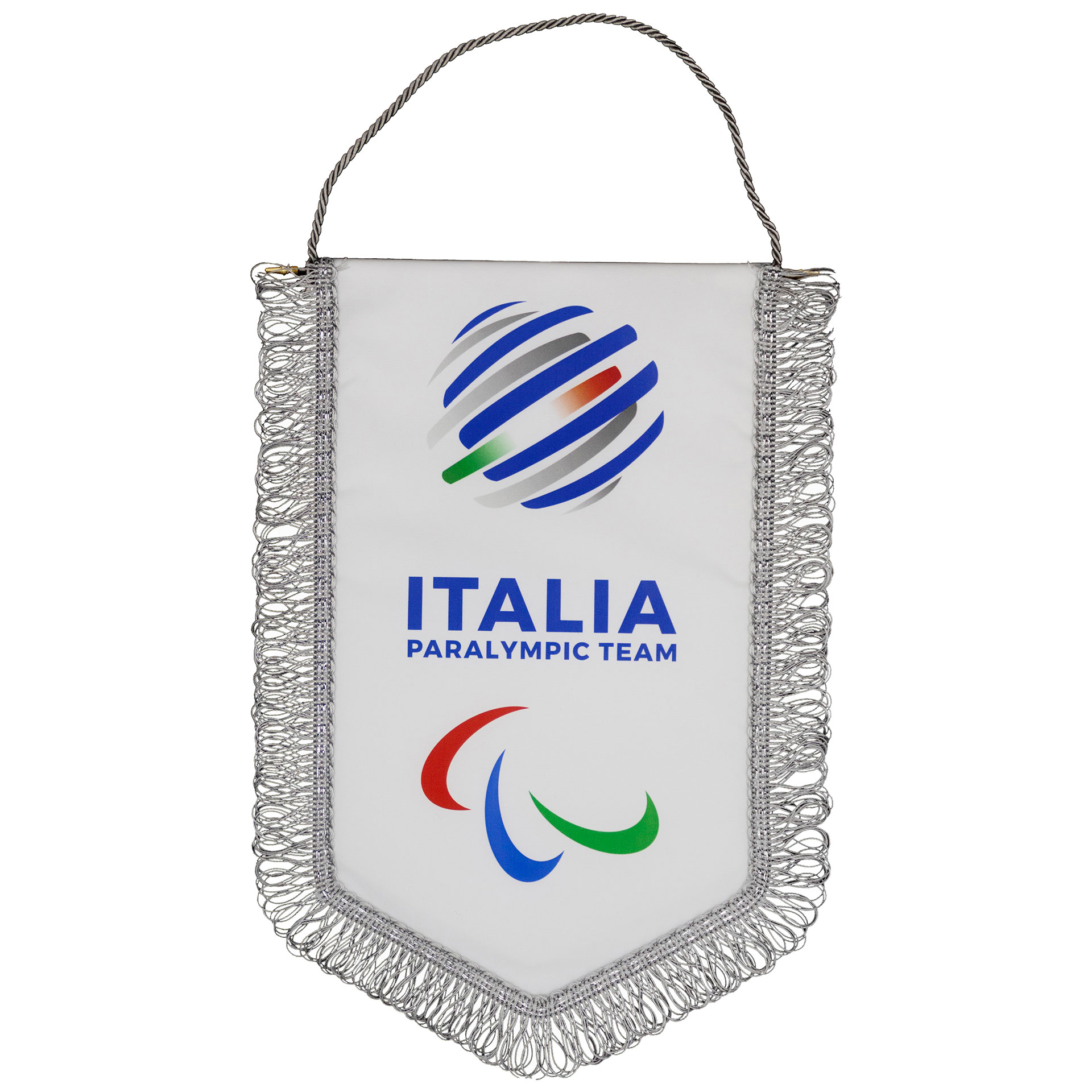 GAGLIARDETTO PENTAGONALE MIS. 20X28 BIANCO FRANGIA ARGENTO PARALYMPIC+IT