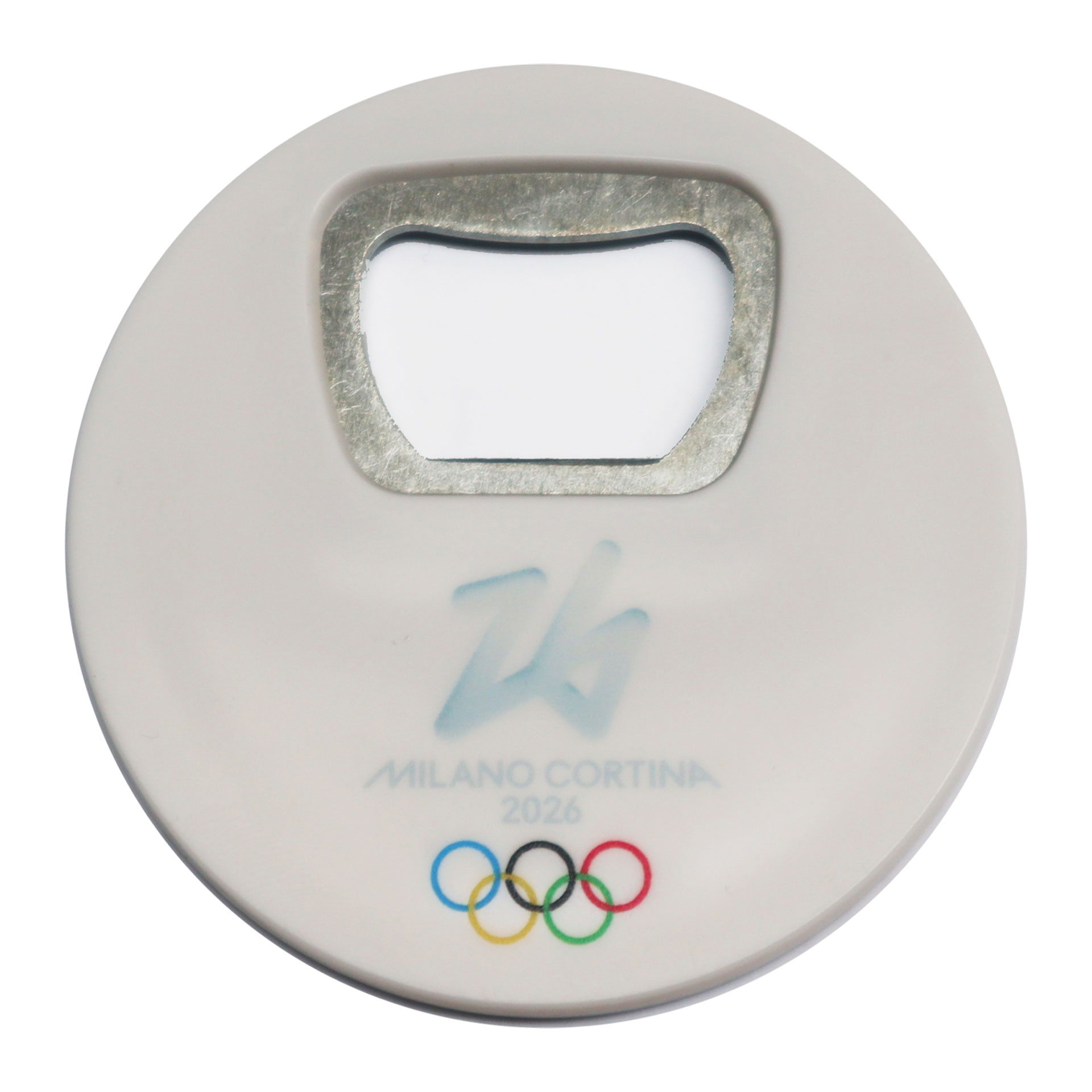 MAGNETE APRIBOTTIGLIE IN ABS DIA 67 MM OLYMPIC EMBLEMA SU FONDO BIANCO
